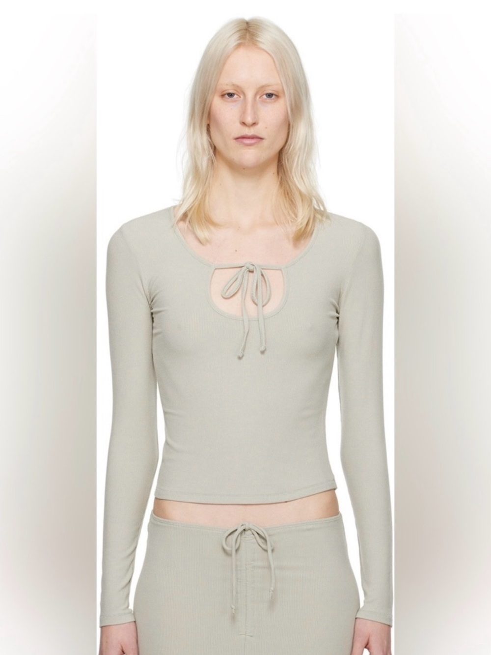 Soft Lounge Tie Front Long Sleeve Top in Talc